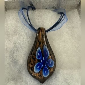 Blown Glass Pendent Necklace With Blue Flower Design
